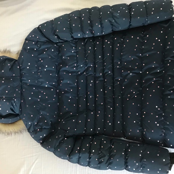 Mid length navy puffer with glittery lavender stars.  Barely worn. - Picture 3 of 4